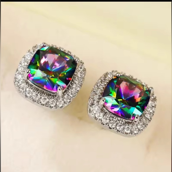 18k White Gold Plated & Mystic Topaz Stud Earrings - Picture 5 of 5